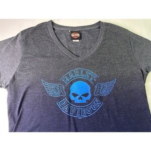 Harley Davidson Womens V Neck Skull Wings Ombre Shirt XL Gray‎ Blue New Yok City